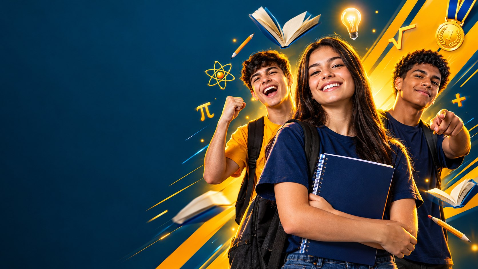 Estudantes sorridentes comemorando com cadernos e mochilas, com livros, medalha e símbolos de estudo ao redor